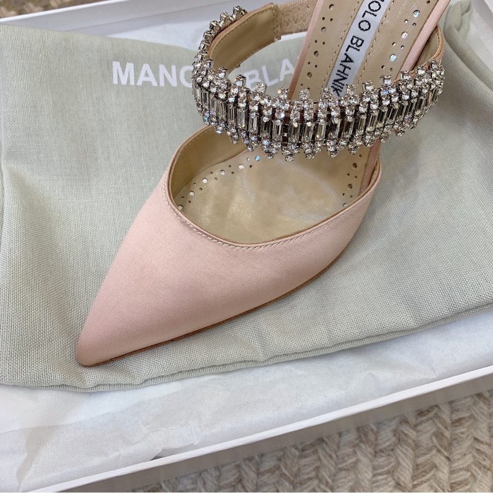 Manolo Blahnik Blush Pink Satin Pointed Crystal-Embellished Mule - Picture 6 of 8